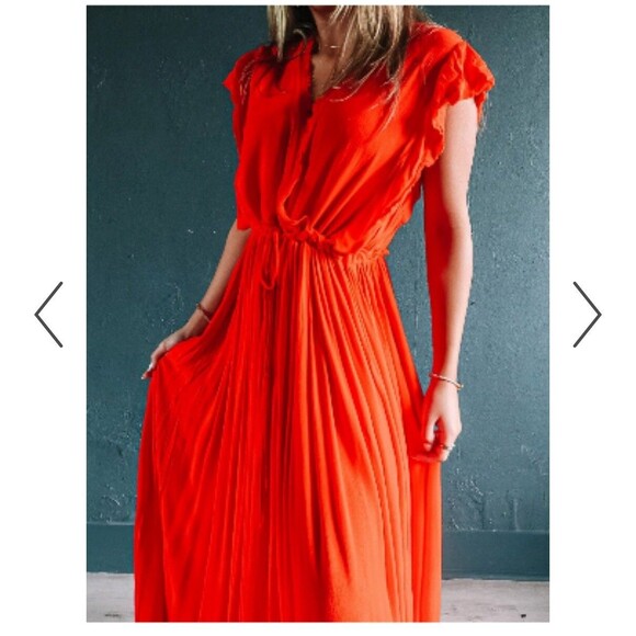 NWT Easel Los Angeles Womens Rayon Red Orange Knit Maxi Dress M Deep V Neck Belt - Picture 2 of 8